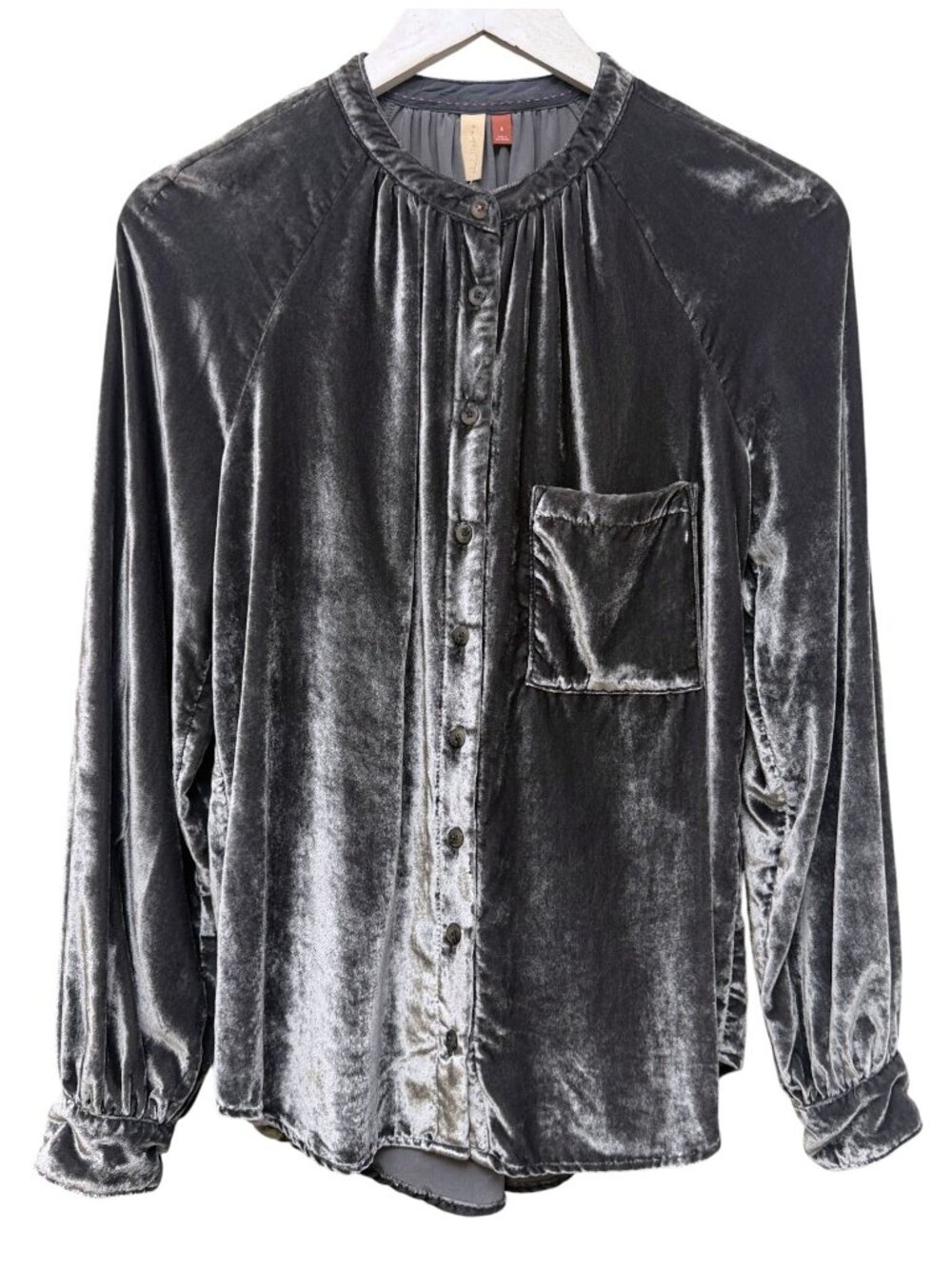 PILCRO Velvet Button Down Shirt Womens Small Gray Anthropologie Peasant Top